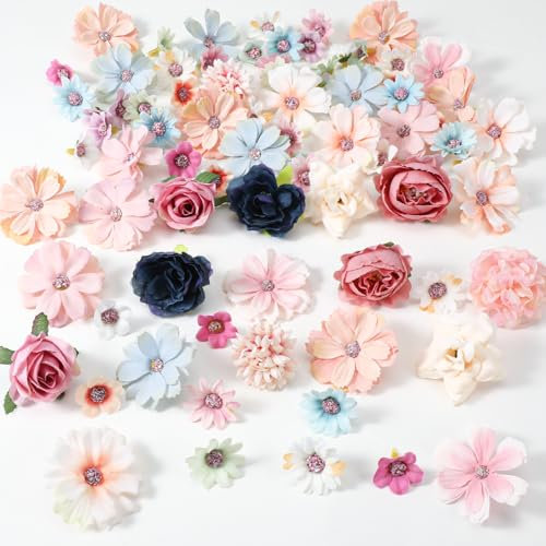 90 Pcs Faux Flower Heads Fake Mini Flowers for Crafts, Fake Peony Daisy Rose Paper Flowers Bulk Multicolor Silk Fabric for Graduation Cap Garland Holiday Wedding Party DIY Home Decoration