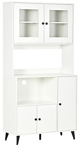 HOMCOM - Armario de cocina, aparador, cocina, mueble de almacenamiento con 3 armarios, nichos, estantes ajustables, puertas acristaladas, pasacables, mueble de microondas para comedor, salón, 90 x 40