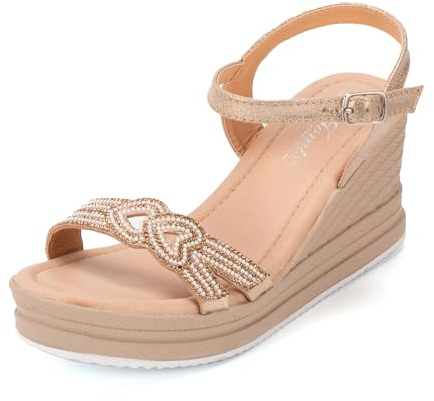 JOMIX Sandali Donna Estivi Tacco Zeppa Eleganti Scarpe con Cinturino Regolabile Decorato Strass Moda per Cerimonia Estate Vacanza WWS250205 Oro 37