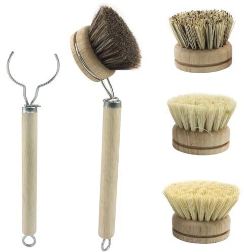 HARSKIYER Wooden Dish Brush Set, 4 Natural Bristle Replacement Heads with 2 Sturdy Wooden Handle, Kitchen Scrub Brush for Pots, Pans, Vegetables and Cookware