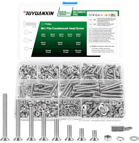 860 Pcs M4 Screws Set, Countersunk Bolts and Nuts Set, Stainless Steel Cross Head Countersunk Screws Nuts and Bolts Assortment, Flat Head Machine Screw Assorted with Flat & Lock Washers (M4)