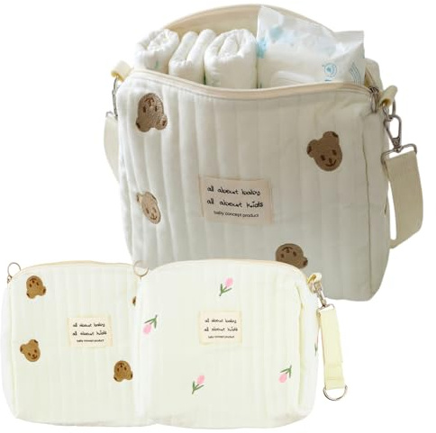 volumoon 2 Kleine Wickeltasche für Babys–Wickeltasche Organizer für Windeln, Tücher und Spielzeug,abwaschbar,Reißverschluss,niedliches Teddy und Tulpe, ideal für unterwegs und Reisen, 25*17cm (Beige)