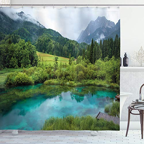 Ambesonne Landscape Shower Curtain, Photo of Zelenci Pond Near Kranjska Gora in Slovenia Idyllic View Scenic Scenery, Cloth Fabric Bathroom Decor Set with Hooks, 69 W x 84 L, Green Aqua
