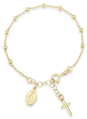 Miabella 18K Gold Plated 925 Sterling Silver Italian Rosary Cross Bead Charm Link Chain Bracelet for Women, Adjustable, Made in Italy (Length 6-7 Inch)