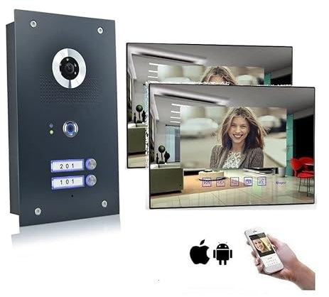 MATHFEL 2-Draht Bus IP Video Türsprechanlage Fingerprint, 2 Familienhaus Set, 7'' Monitor, Anthrazit, Farbe: 2x7'' Monitor mit WLAN