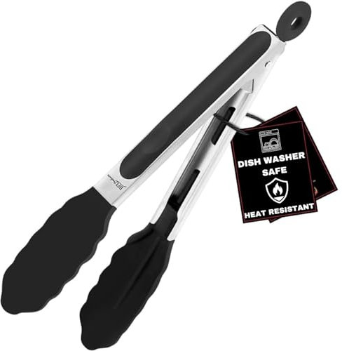 Kitchen Silicone Tongs 9 Inches | Stainless Steel Handle with Easy Grip and Smart Padlock System | Curved Silicone Tip for Strong Grip | Handy Tong for BBQ, Serving, Frying, and Cookin (Black).