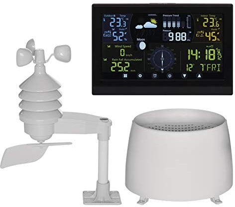 EMOS - profi Funk-Wetterstation mit Außensensor - Touchscreen-Display, Wind- & Regenmesser, Wettervorhersage, Innen/Außentemperatur - DCF Funkuhr - 15 Funktionen - inkl. Netzteil, Wand/Tischhalterung