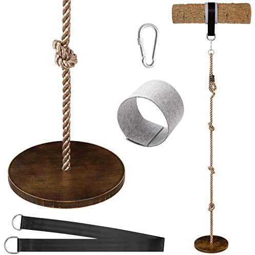 Yangbaga Wooden Round Disc Rope Swing 51â-73â Adjustable Climbing Rope Tree Swing with Hanging Strap Snap Hook and Felt Protectors for Kids Outdoor Brown