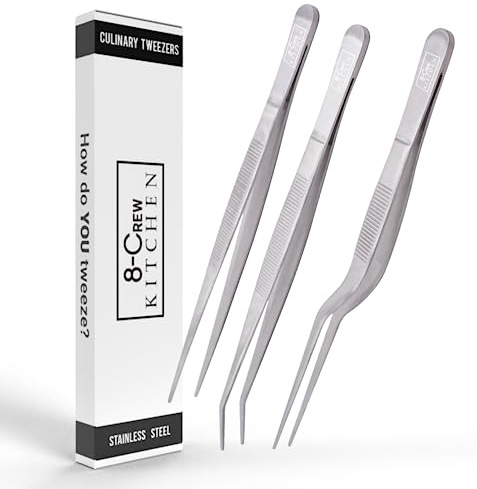 8-CREW KITCHEN Culinary Stainless Steel Tweezers, 6-inch Set of 3 Chef Precision Tongs for Plating, Decorating, Food Design, Bar and Multi-Purpose