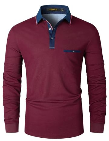 VMSUCIJ Men's Long Sleeve Polo Shirts Regular-Fit Collared T-Shirts Sport Golf Polos with Pocket Tops,Red D08,XL