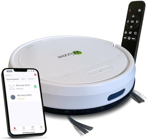 Wiizzee Robot Aspirador AR02, Delgado Silencioso WiFi Conectado con Tuya, 5 Modos de Limpieza, Autocarga, 90min Autonomía, Todos los Suelos Lisos, Sistema de Navegación Giroscópica