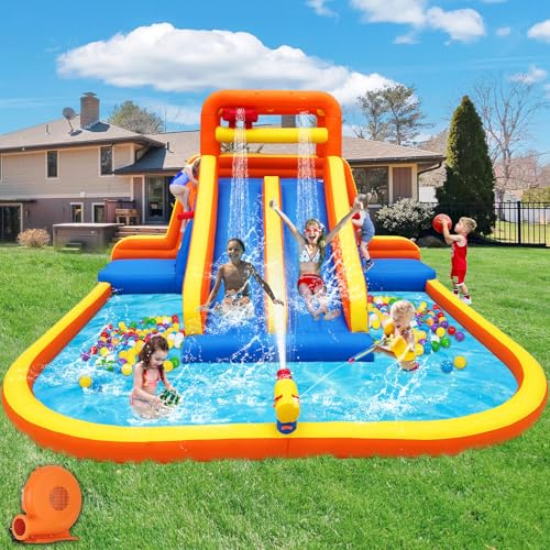 15.6 x 15FT Giant Water Slide Park for Big Kids with Tall Dual Slides & Climbing Walls, Backyard Inflatable Water Park with Large Splash Pool, Tunnel and 2 Basketball Hoops - for Kid's Party