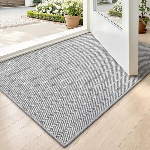 LUMI Ultra Thin Indoor Door Mat for Entrance 17x30, Non Slip Entryway Mat, Low Profile Doormat, Unique Herringbone Design Carpet for Inside, Patio, Porch, Gray