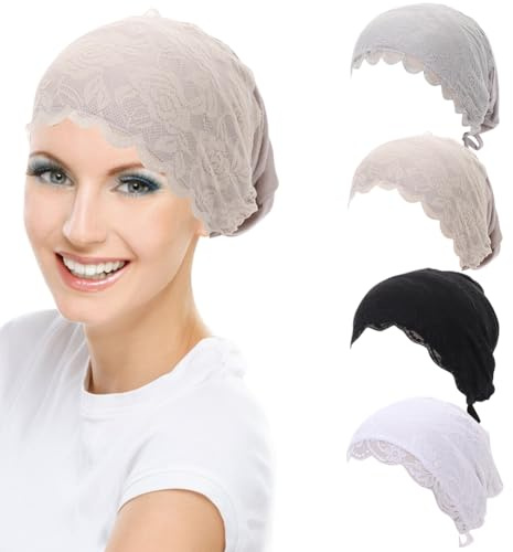 2 st kvinnor muslimsk inre hijab keps bomull spets stretch underkeps mössa turban hatt med knytband tillbaka kemo sömn huvudbonader, Kaki och ljusgrå och svartvit, 2-8