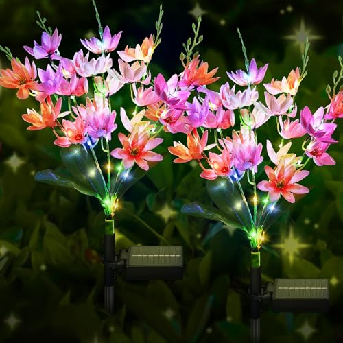 FWLWTWSS Solar Lights Outdoor Garden, 2 Pack Snow Lotus Solar Flowers Waterproof,10-12 Hours Working Time, Garden Ornaments Outdoor for Patio, Yard, Pathway (Pink)