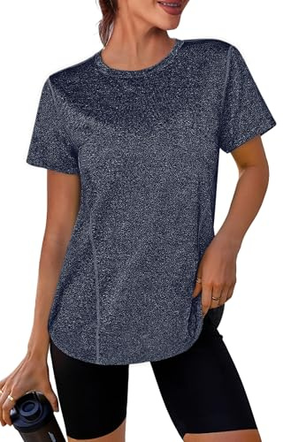 Crewhpo Maglietta Sportiva Donna Traspirante Maglia Palestra Maniche Corte Top Sportivo Fitness Girocollo Magliette Tecniche Asciugatura Rapida T Shirt Trekking per Yoga Tennis Golf Jogging Blu navy M