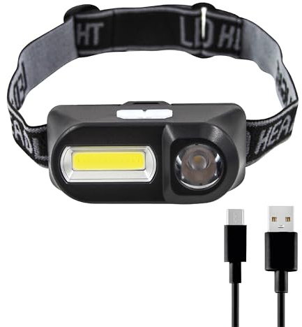 Uni-Com Linterna frontal recargable: faro compacto con foco LED de 1 W y reflector LED COB de 1 W, correa ajustable, haz inclinable, múltiples ajustes de luz y cable USB-C incluido para trabajo y ocio