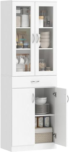 HOMCOM Alacena de Cocina con Puertas de Vidrio Cajón Blanco 60x35x180 cm