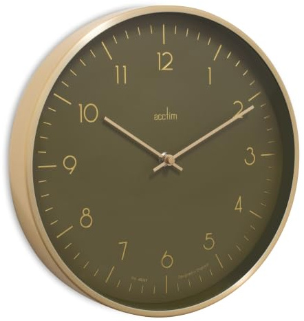 Acctim Marina 30cm Modern Brushed Metal Wall Clock Gold Numerals in Green | Premium brushed metal case, Bold Dial Gold Foil Arabic numerals. Precision quartz battery movement.