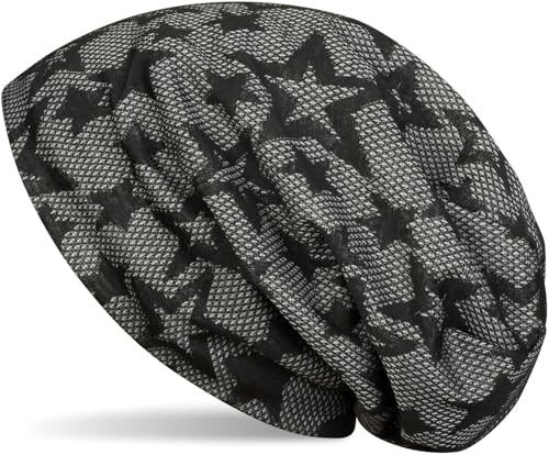 styleBREAKER Cuffia Beanie con Stampa di Stelle su Tutta la Superficie e Motivo a Nido d'Ape a rombo, Fodera in Pile, Cuffia Beanie Lunga, Unisex 04024106, Colore:Nero