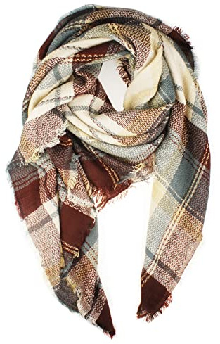 VIVIAN & VINCENT Brown Cream Plaid Fall Winter Blanket Scarf for Women