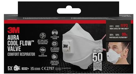 3M Aura 9332+, FFP3 Atemschutz-Maske mit Ventil, für Dämmstoffe und Hartholz , FFP3-Maske, 5 Stück