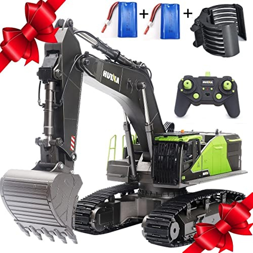 RC Excavator for Adults Huina 1593 Fully Functional 1:14 Toy 28 Channel Remote Control Truck Construction Vehicle Metal Bucket LED Lights Simulating Sounds 2 Batteries and Gripper 2026 Model