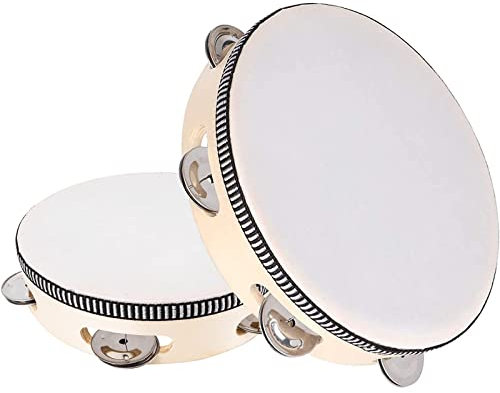 2 Stück Tambourine, Handtrommel Percussion, Tambourin Percussion, Tambourin Holz Schellentrommel, Holz Handheld Tamburin, mit Jingles, für Party, Spiele, Schule, Erwachsene(6 Zoll und 8 Zoll)