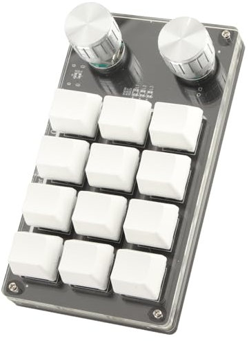 SUCIE One Handed Programmable Macro Keyboard, 12 Key RGB Mini Gaming Keyboard with 2 Knobs, DIY Multifunctional Shortcut Keypad Macro Keys PBT Keycaps for PC Computer Office(White)