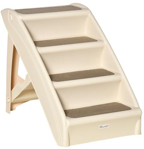 PawHut Foldable Dog Steps for Bed Sofa 4-Step Beige 62 x 38 x 49.5cm | Portable Pet Stairs, for Cats and Small Miniature Dogs with Non-Slip Mats