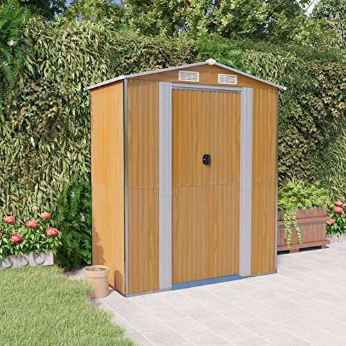 Homgoday Utrustningsskjul utrustningshus trädgårdsskjul lagerskjul verktygsskjul sadeltak skjutdörr ljusbrun 192 x 108 x 223 cm galvaniserat stål
