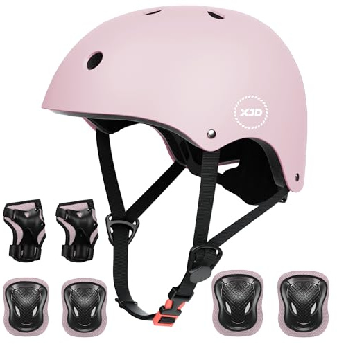 XJD Casque Vélo Enfant Sets de Protection Enfant de 3-13 Ans Genouillères Coudières Protège-Poignets Réglables Kit de Protection Filles Garçons Rollers Skate Trottinette Skateboard (Rosa Lila, S)