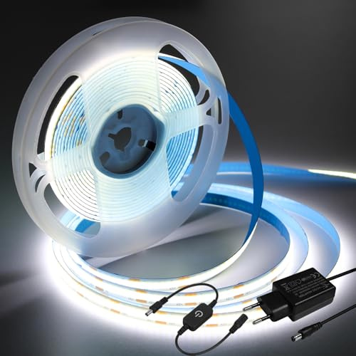 iNextStation 5M Cool White 6000K COB LED Strip, 12V Cuttable Tape Light with Plug, CRI93+ High Bright Dotless Dimmable Flexible Light Kit for Bedroom Mirror Kitchen Cabinet Living Room Table Lighting