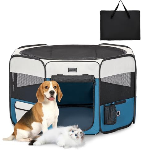 Petsfit Parc pour Chien，Pliable Parc pour Chiots Parc pour Animaux,Pop-Up Design pour Chiens Lapins Chats,Fond Anti-Fuite,Conception Anti-mâchouillis,Gris/Bleu,M