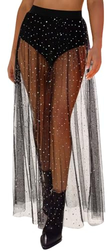 Eisnnu 2 en 1 Femme Jupe en Mesh Transparente Taille Haute élastique Jupe Maxi en Tulle à Paillettes avec Short pour Festival de Musique Fête L