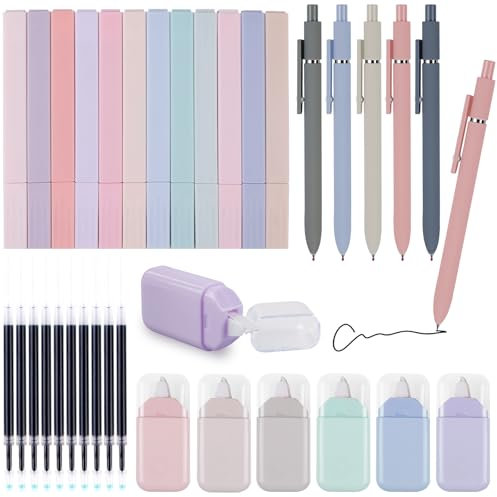 WIYETY Set di 33 evidenziatori pastello: 12 pennarelli estetici, 5 penne gel con inchiostro nero con 10 mine di ricambio incluse e 6 nastri correttivi per articoli scolastici per diario, bibbia,