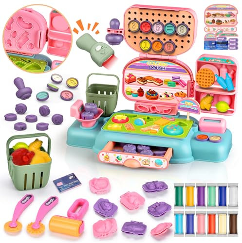 BuzzoXerex Knete Zubehör Kinder, Knete Dough Set Kasse Kinder Spielzeug, Spielkasse mit 12 Modelliermasse, Knetwerkzeug, Scanner, Einkaufswagen, Spielgeld, Geschenk für Rollenspiel Mädchen Junge 3+