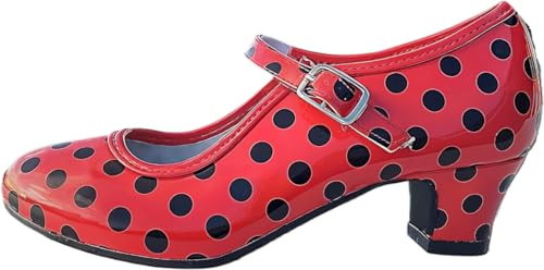 AMARU SANCHESU Flamenco or Sevillana Dance Shoe. Child and Adult Size, Red Topos Black, 3 UK