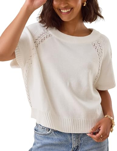 Yeokou Women Knit Crochet Top Short Sleeve Crew Neck Loose Fit Pullover Sweater Summer Fall Fashion Casual Knitted Blouse(Beige-L)
