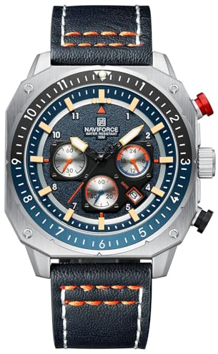 Naviforce Orologio da polso da uomo, alla moda, sportivo, militare, quadrato, quadrante grande, impermeabile, cronografo con lancette luminose, cinturino in pelle, Nero (SILVER BLUE)