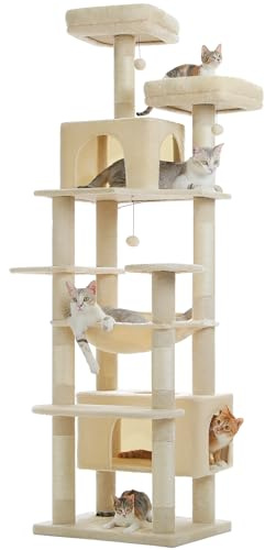 PAWZ Road Heavy Duty Cat Tree for Large Cats, 81 Inches Tall Cat Tower with 2 Perches, 2 Condos and Spacious Hammock, Large Condo with 7 Scratching Posts for 20lb+ Adult Cats, 205cm Beige XL