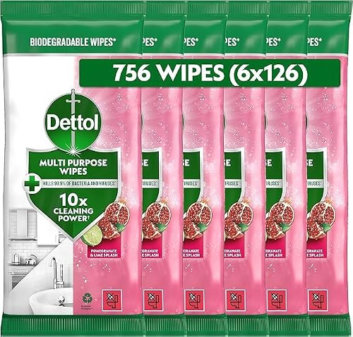 Dettol Antibacterial Multipurpose Cleaning Wipes, Pomegranate & Lime, 756 Wipes (126 x 6pck) Disinfectant, Biodegradable, 10X Cleaning power vs Water alone, Kills 99.9 Percent of Germs