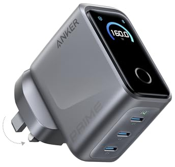 Anker Prime 160W USB C Charger, 3-Port Compact GaN Laptop Charger, Smart Display and Touch Control, Ultra Fast 140W Charging at 1 Port, for MacBook Pro, Laptop, iPhone 17/16/15 Series and More