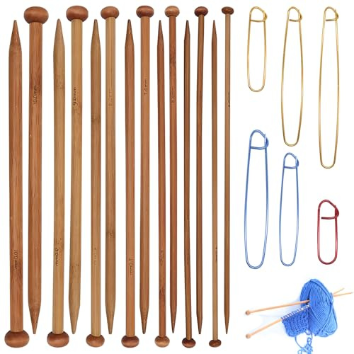 Set di 7 paia di ferri da maglia in bambù, a punta singola, dritti, lisci, lunghi, in legno per coperte, sciarpe, cappelli - Regalo per appassionati di maglia/principianti