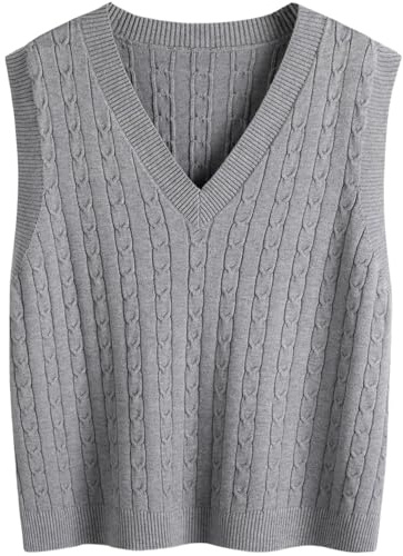 SUNSESS Women's Sleeveless Jumper V Neck Sweater Vest Cable Knit Tank Top | Loose Fit Chunky Ribbed Pullover Gilet for Layering, Office & Casual Preppy Style