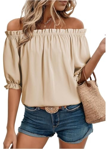 Off The Shoulder Puff Sleeve Peplum Tops for Women Blouses UK Ruffle Elastic Neck Casual Summer Tops for Ladies Going Out Flowy Relaxed Fit Lightweight Dressy Top for UK
