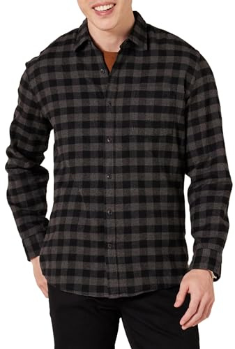 Amazon Essentials Regular-fit Long-sleeve Plaid Flannel Shirt, Chemise Homme, Gris (Charcoal Buffalo Plaid), Medium