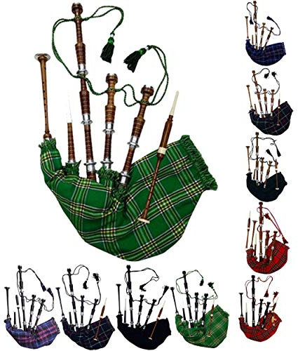 AAR Schottischer Dudelsack in voller Größe, Palisanderholz oder schwarzes Finish, mit silberfarbenen Halterungen, inklusive Anleitungsbuch, Tragetasche, Drohne, Schilfrohrblätter (braun, nationalgrün)