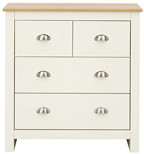 GFW Lancaster Wooden 4 Drawer Chest With Steel Cup Handle & 37.7 Litre Drawers, Modern Bedroom Furniture Chest Of Drawers Storage Unit, Contrast Oak Top, Cream D-35 x W-79 x H-81cm
