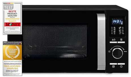 Exquisit Mikrowelle mit Grill und Heißluft, 900 Watt, 25 Liter, 27 cm Drehteller, 11 Leistungsstufen, Auftau-Funktion, max. 1950 W, MW 8925-7 Hsw